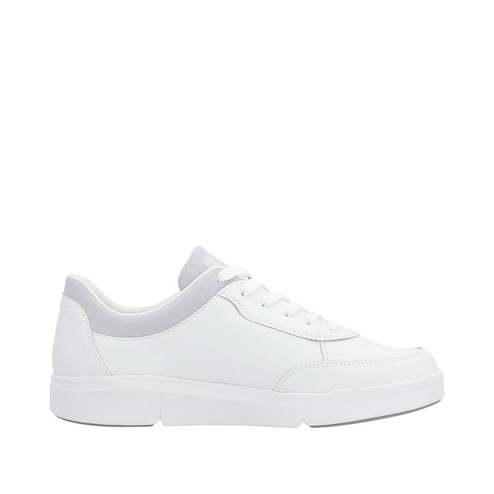 A white sneaker with gray accents.