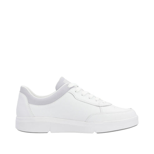 A white sneaker with gray accents.