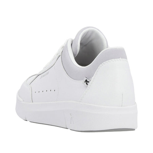 A low-cut white sneaker with a white sole and grey heel cup.