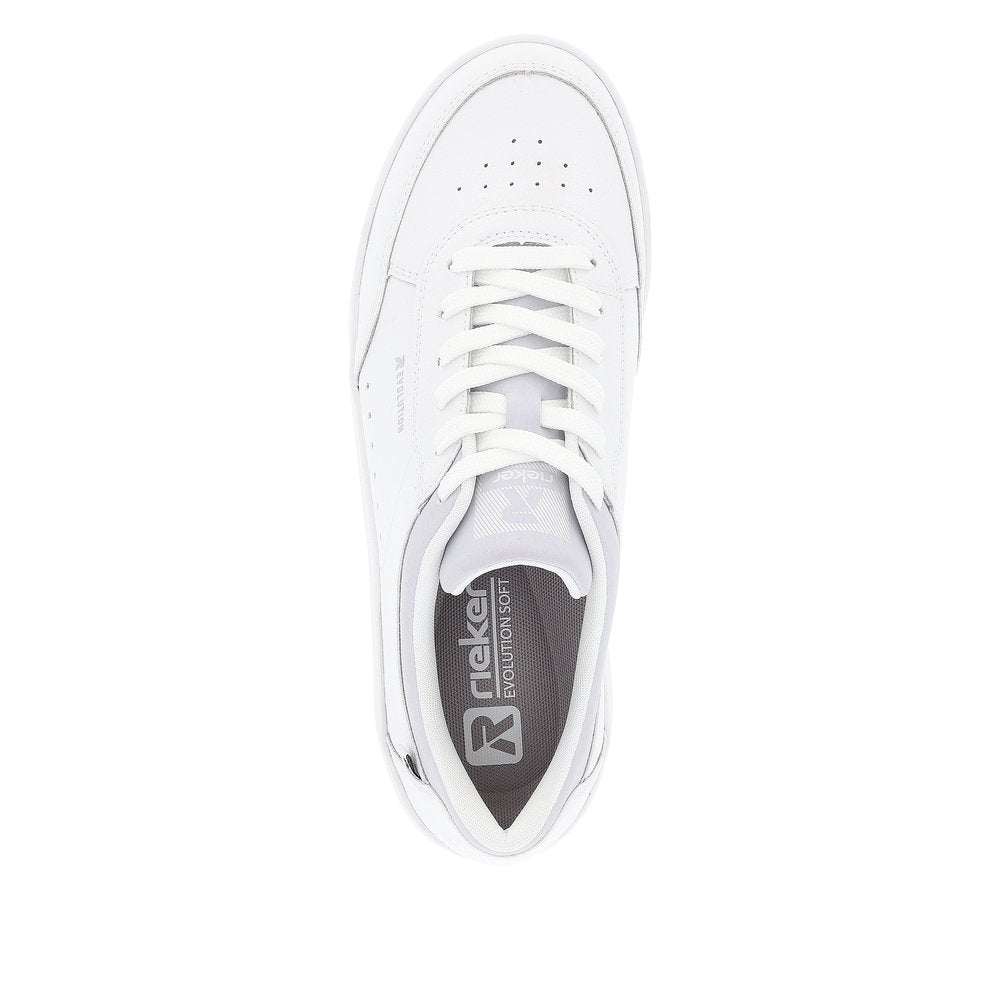 Top-down view of a white sneaker with white laces, perforated toe box, and insole with 'RIEKER EVOLUTION SOFT' logo.