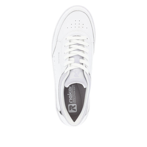 Top-down view of a white sneaker with white laces, perforated toe box, and insole with 'RIEKER EVOLUTION SOFT' logo.