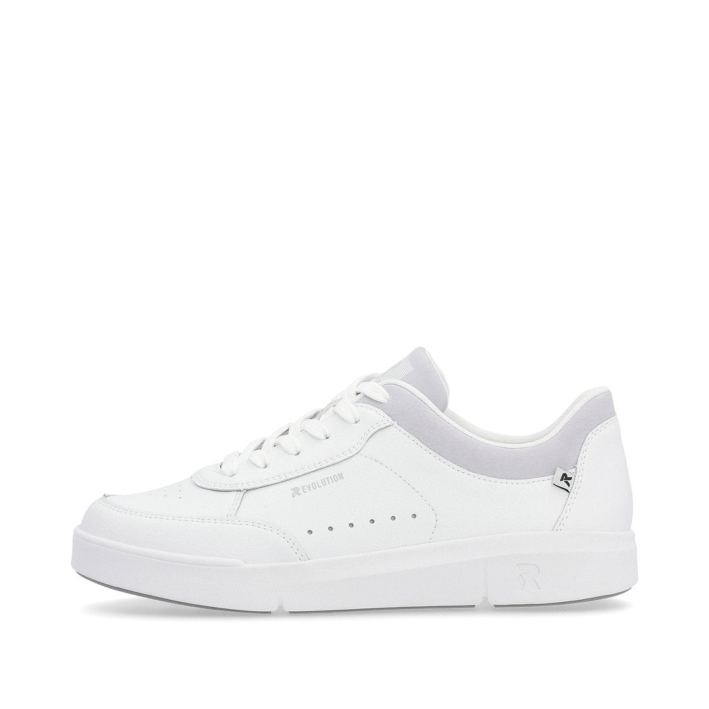 White leather-like sneaker with gray padded collar, and white laces.