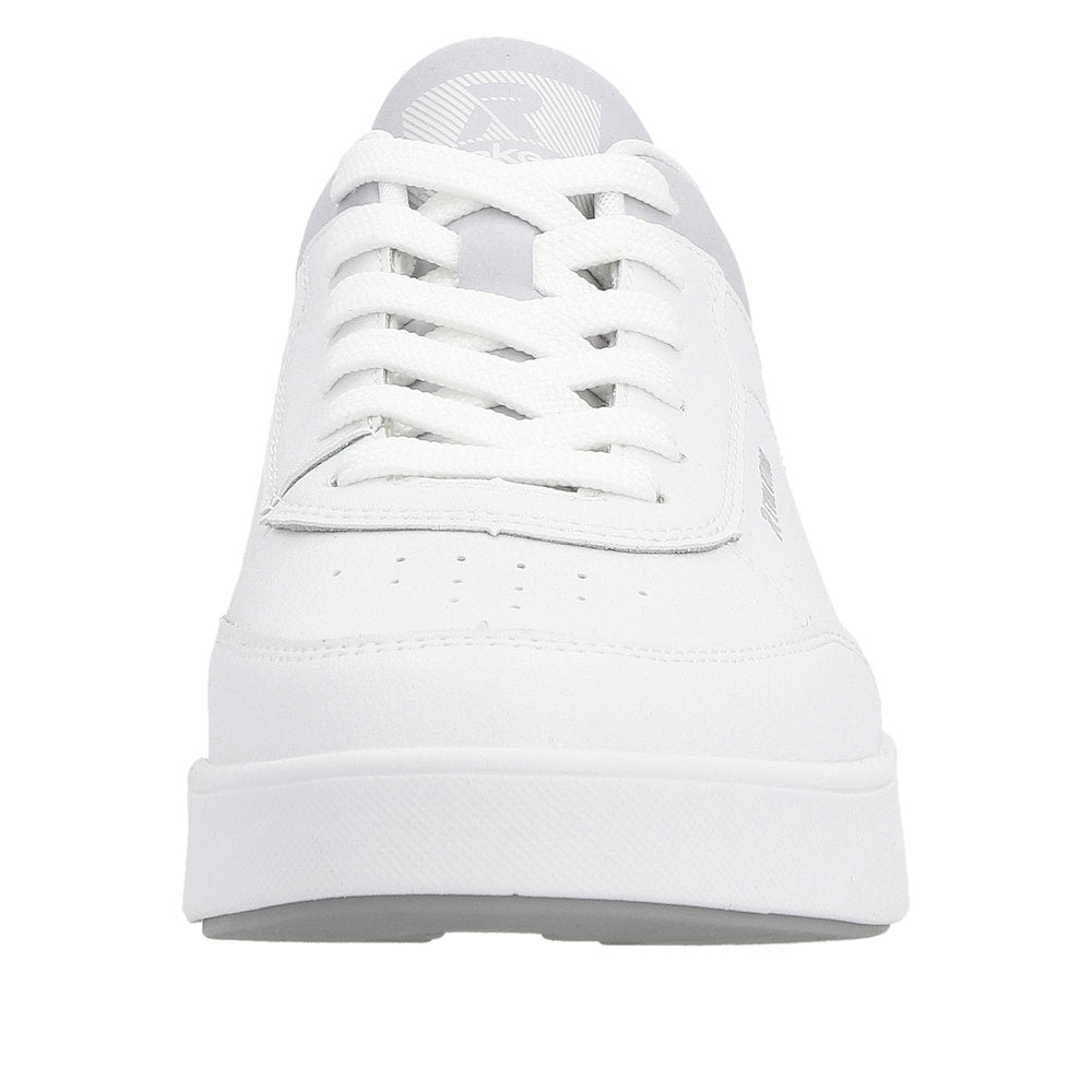 White sneaker with a gray tongue and white laces.