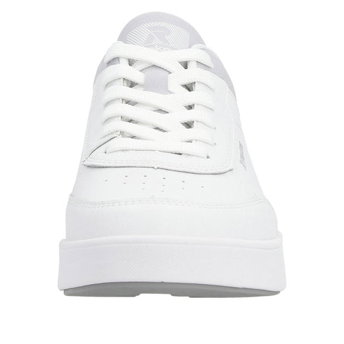 White sneaker with a gray tongue and white laces.