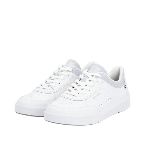 Pair of white low-top sneakers with white laces.