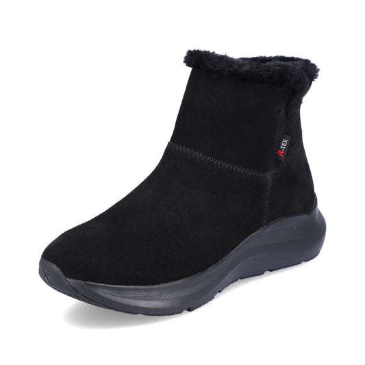 Black, ankle-high, suede boot with faux fur trim and "R-TEX" logo on the side.