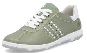 Low cut sage sneaker with white laces, white collar and sole, and geometric perforations.