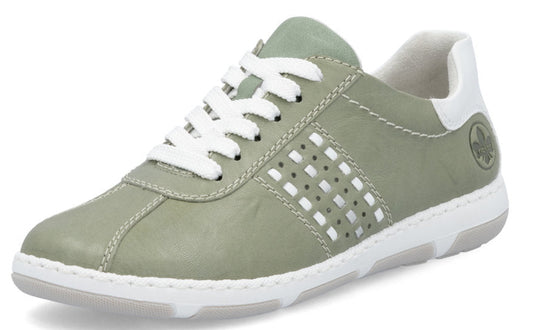 Low cut sage sneaker with white laces, white collar and sole, and geometric perforations.