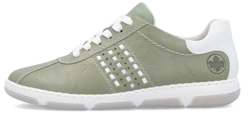 Olive-green sneaker with white laces and sole.
