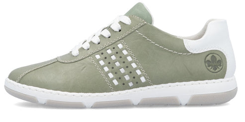 Olive-green sneaker with white laces and sole.