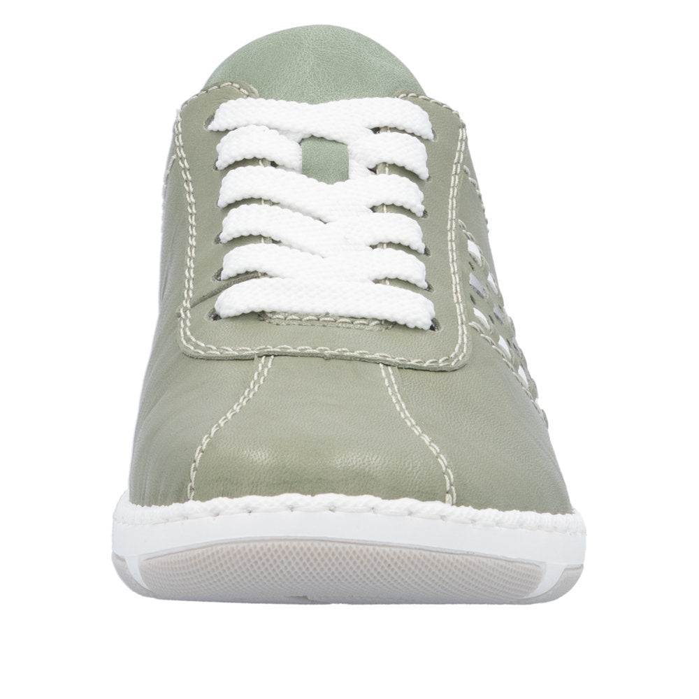 Olive green leather shoe with white laces and white sole.