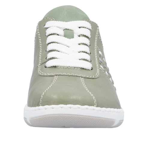 Olive green leather shoe with white laces and white sole.