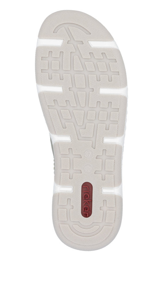 Off-white shoe sole with geometric pattern, brown "Rieker" text on the bottom.