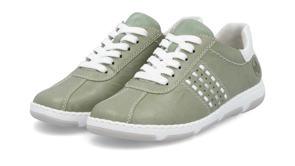 Pair of sage green sneakers with white laces and soles, featuring a perforated pattern on the side.