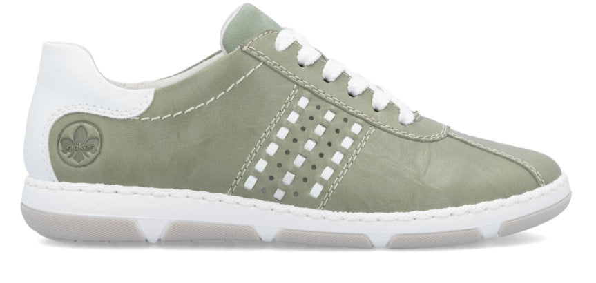 A light green leather sneaker with white laces and white accents.