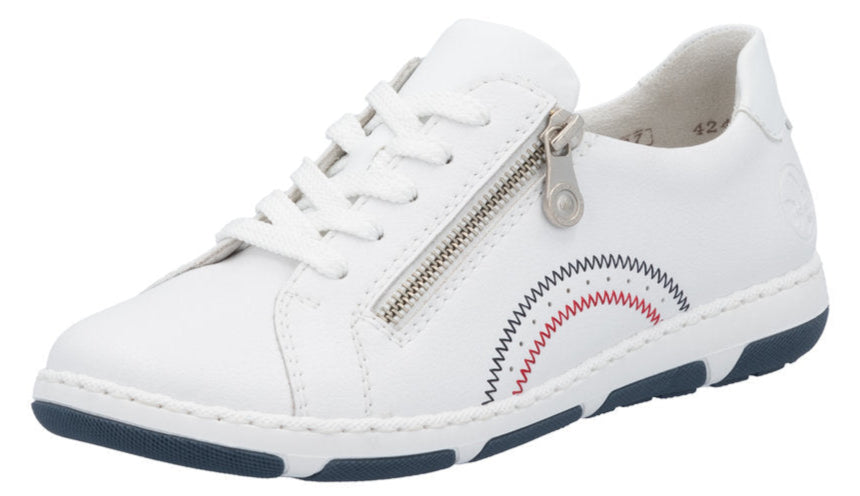 A white leather sneaker with laces, side zipper, decorative stitching, and a two-tone sole.