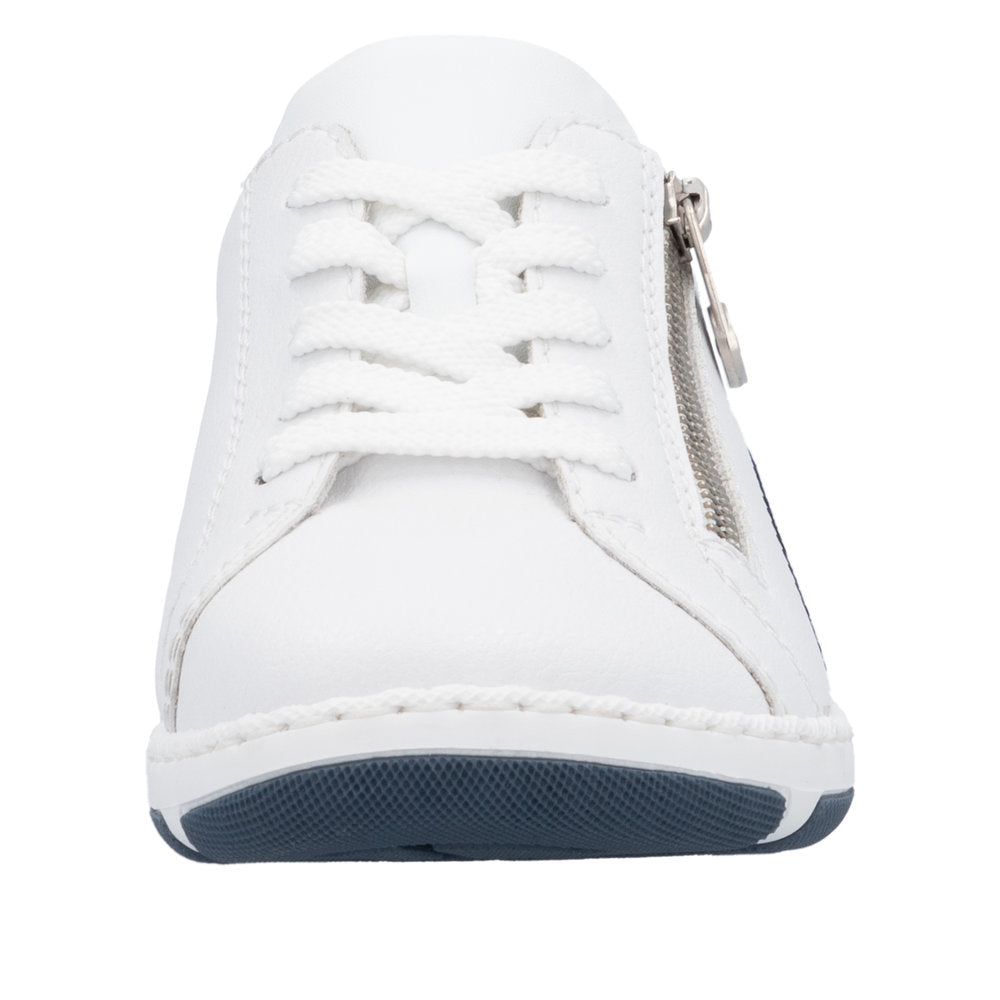 White leather sneaker with side zipper.