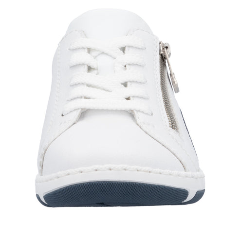 White leather sneaker with side zipper.