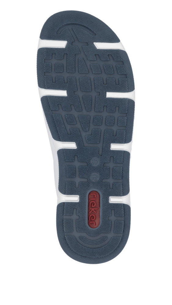 Dark blue shoe sole with white accents and a red brand logo.