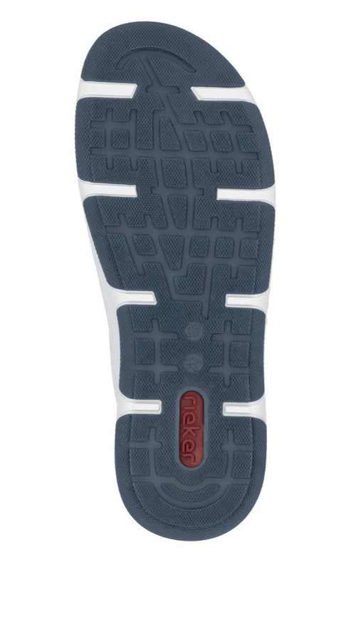 Dark blue shoe sole with white accents and a red brand logo.