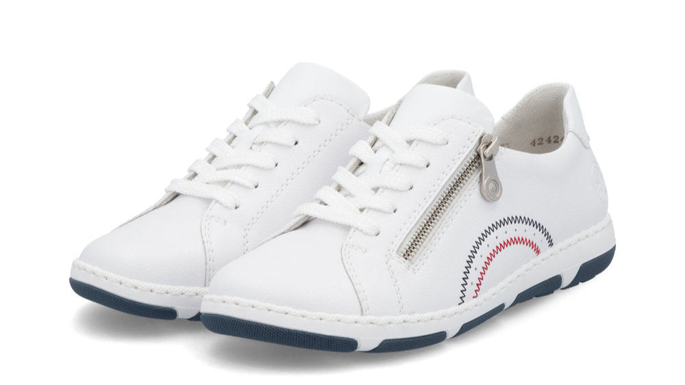 Pair of white leather sneakers with laces and side zipper, navy and red rainbow design near the heel.