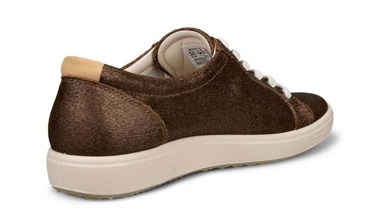 Low-top brown sneaker with white laces and tan sole and heel.