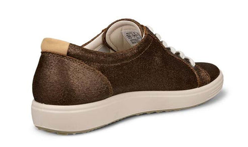 Low-top brown sneaker with white laces and tan sole and heel.