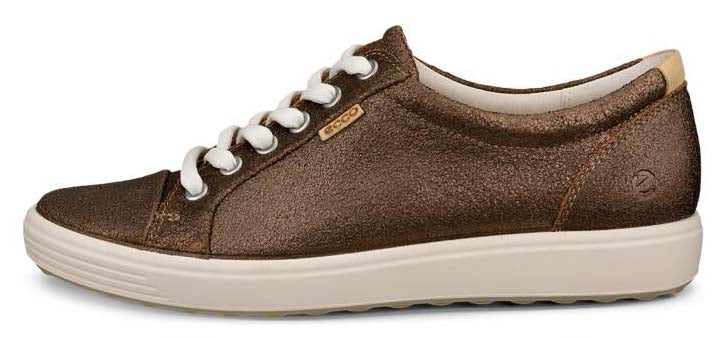A low profile bronze sneaker with white laces and a bone colored sole.