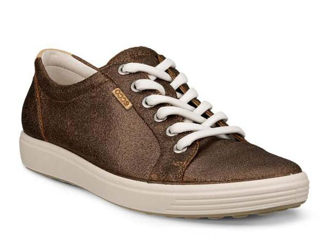 Brown leather sneaker with white laces and off-white sole.