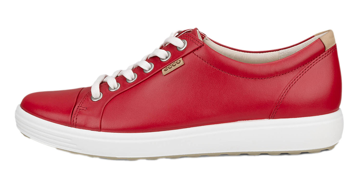 Red leather sneaker with white sole and white laces.