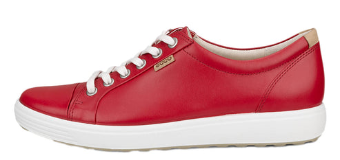 Red leather sneaker with white sole and white laces.