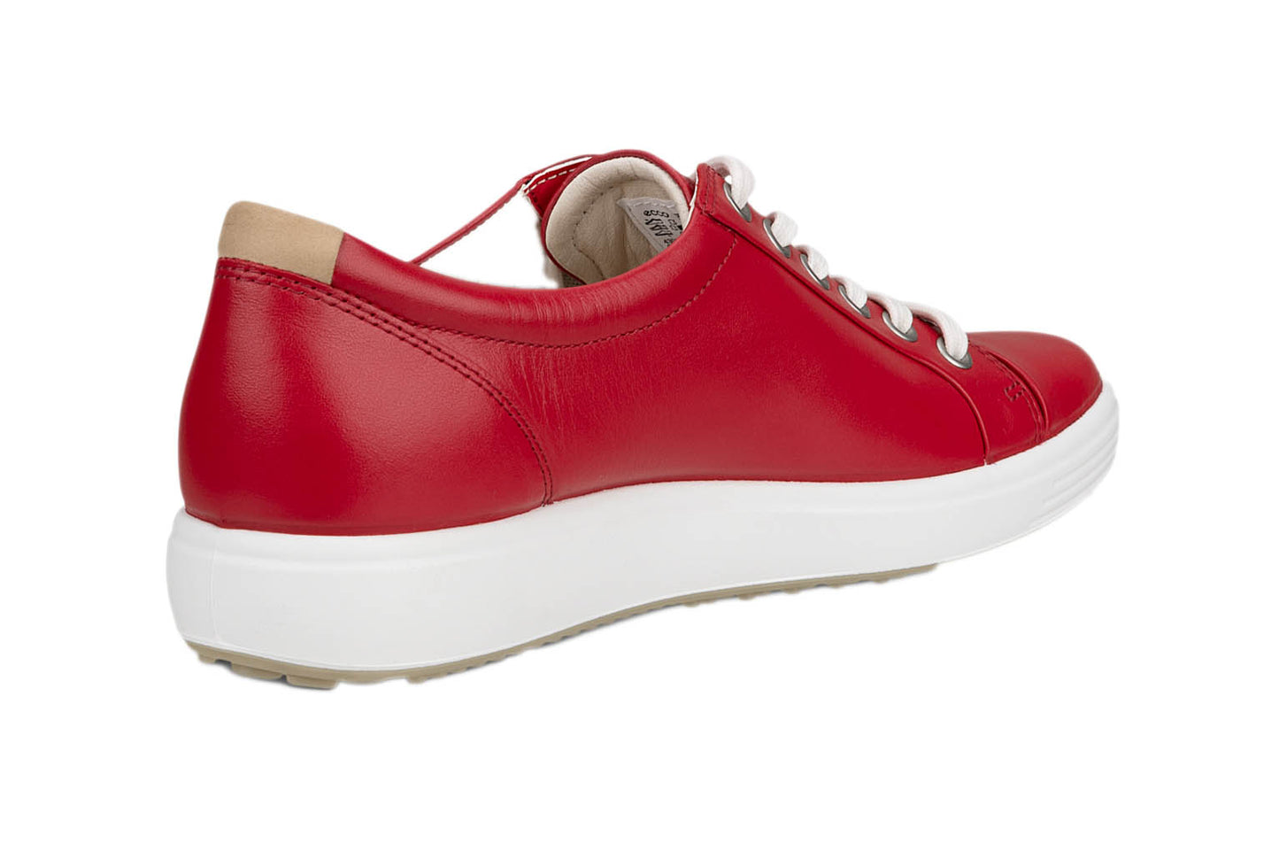 Red leather sneaker with white sole and laces.