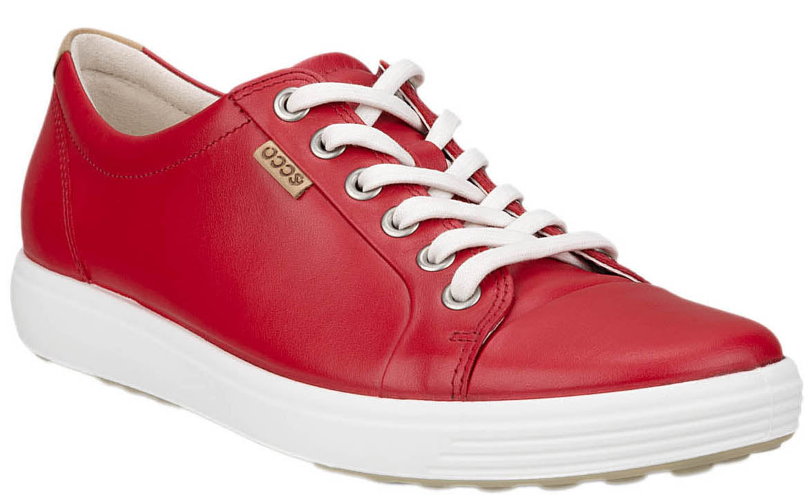 Red leather sneaker with white laces and sole.