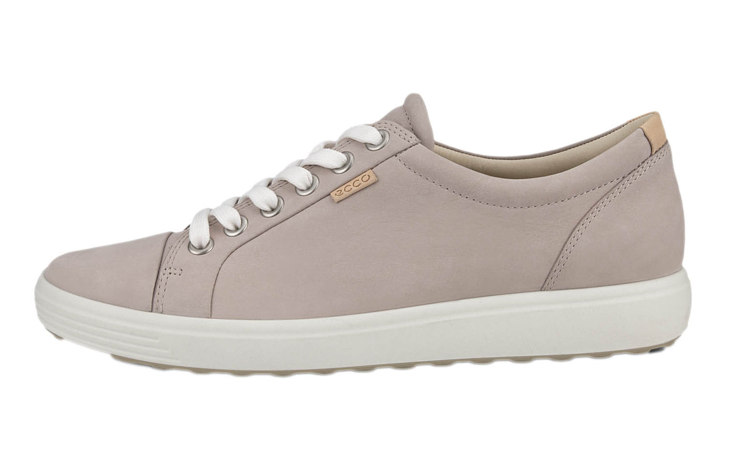 Low top gray leather sneaker with white laces and sole.
