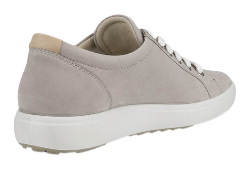 Light gray leather sneaker with white sole and laces.