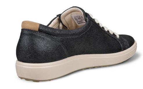 Black sparkle sneaker with white laces and beige sole.