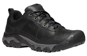 Black leather hiking shoe with lace-up closure and a gray rugged sole.