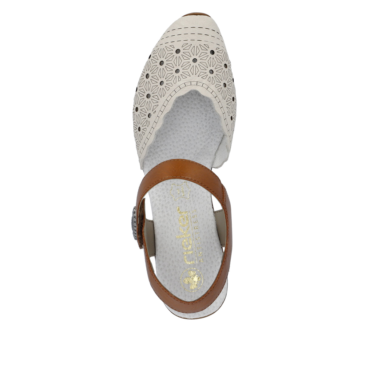 Top-down view of a women's off-white sandal with a brown ankle strap and a perforated floral pattern on the toe.