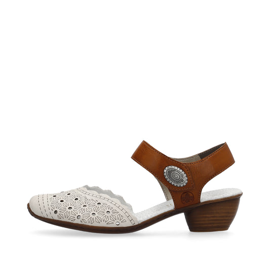 Right-facing women's dress shoe, white laser-cut toe, tan ankle strap with button, and low block heel.