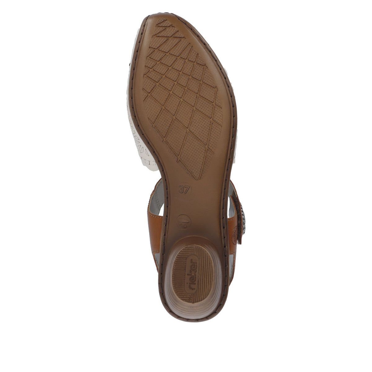 Bottom of a sandal with brown diamond-patterned sole and cylindrical heel.