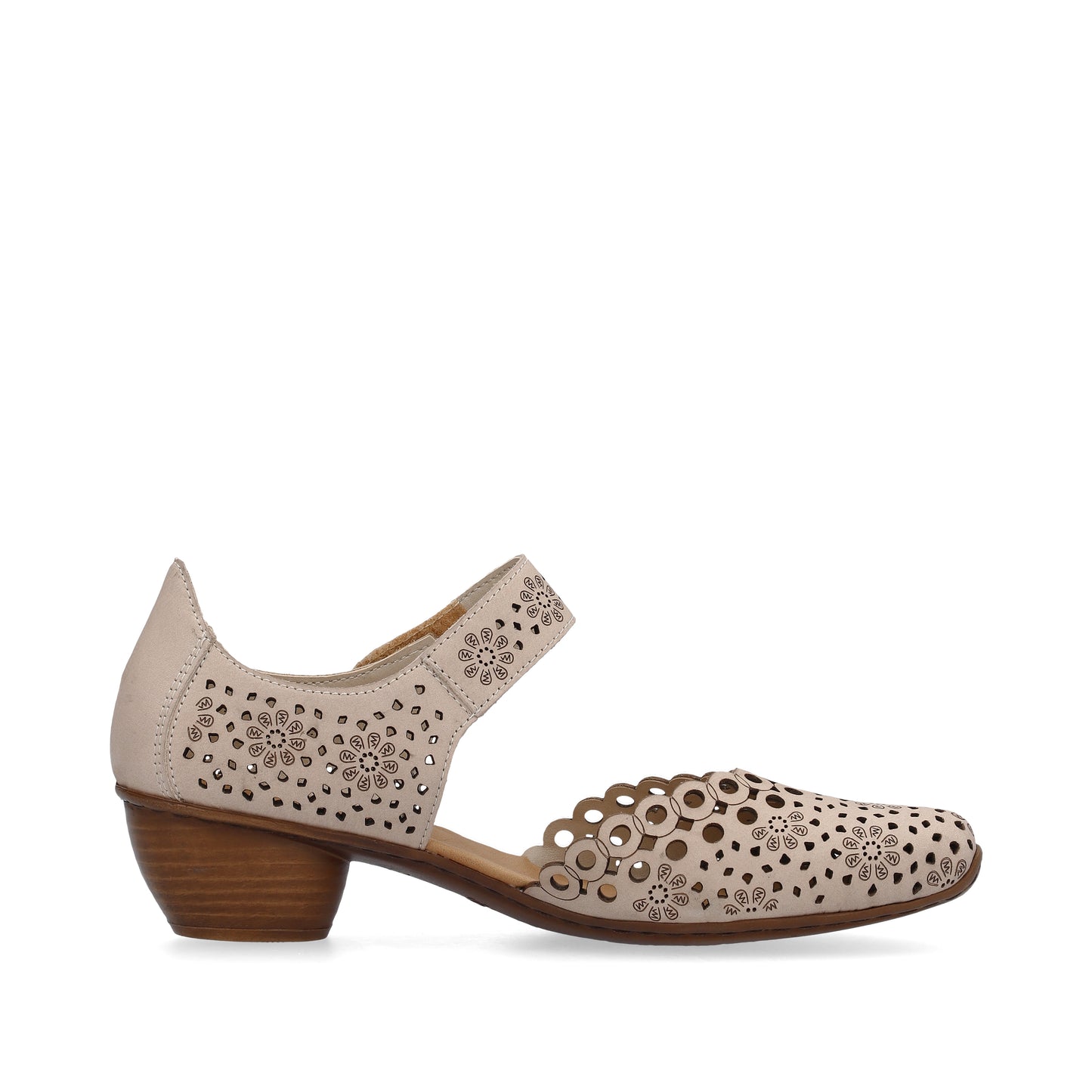 Beige leather heeled pump with floral laser cutouts and ankle strap.