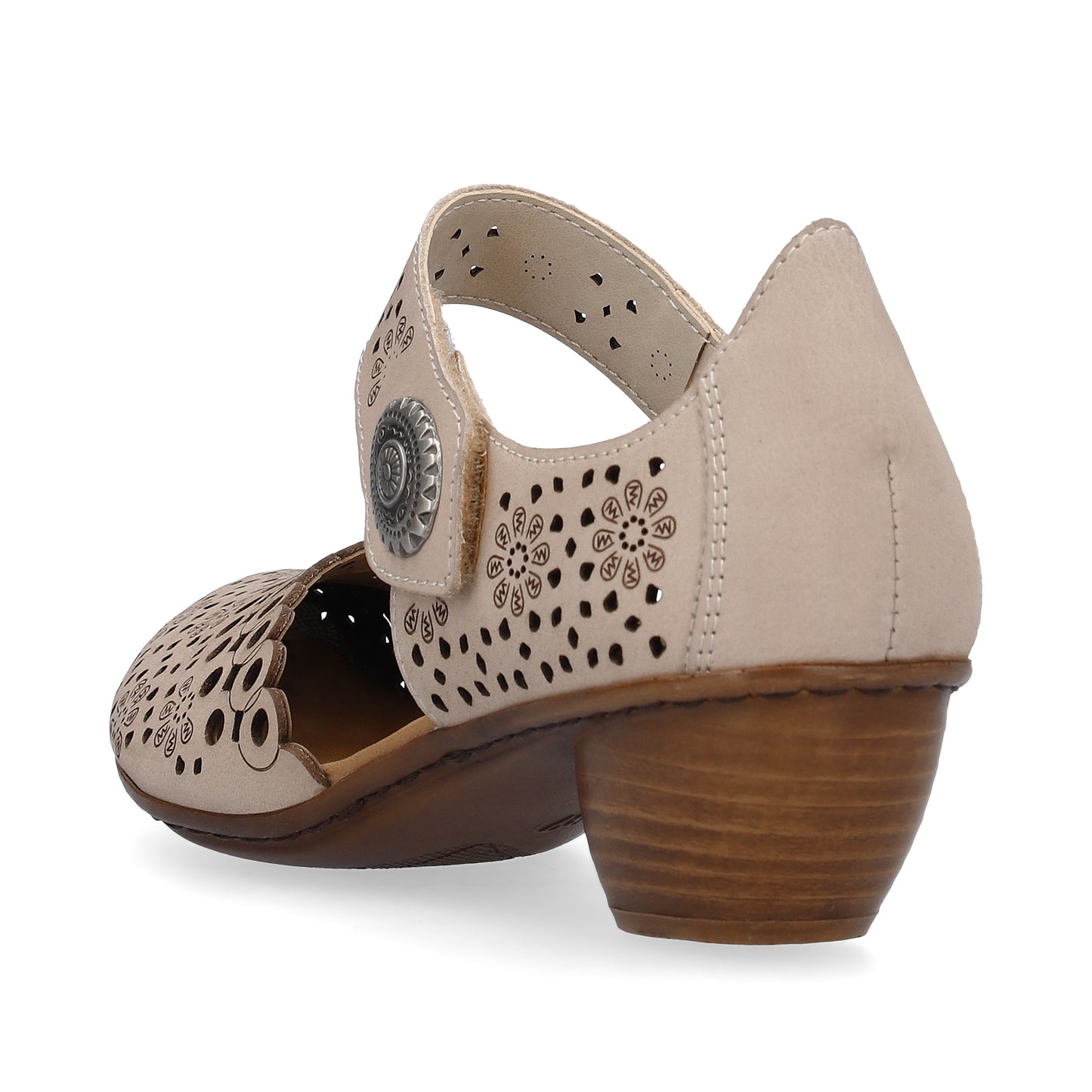 Beige leather shoe with decorative laser cutouts and a short block heel.