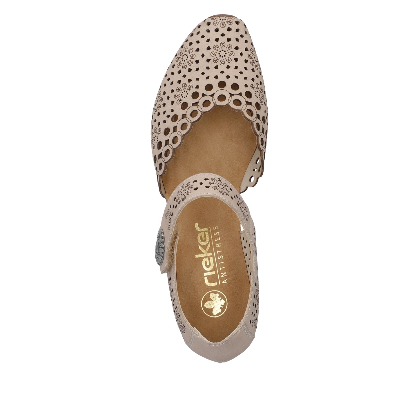 Beige flat shoe with floral laser cut pattern, Rieker Antistress logo and silver button.
