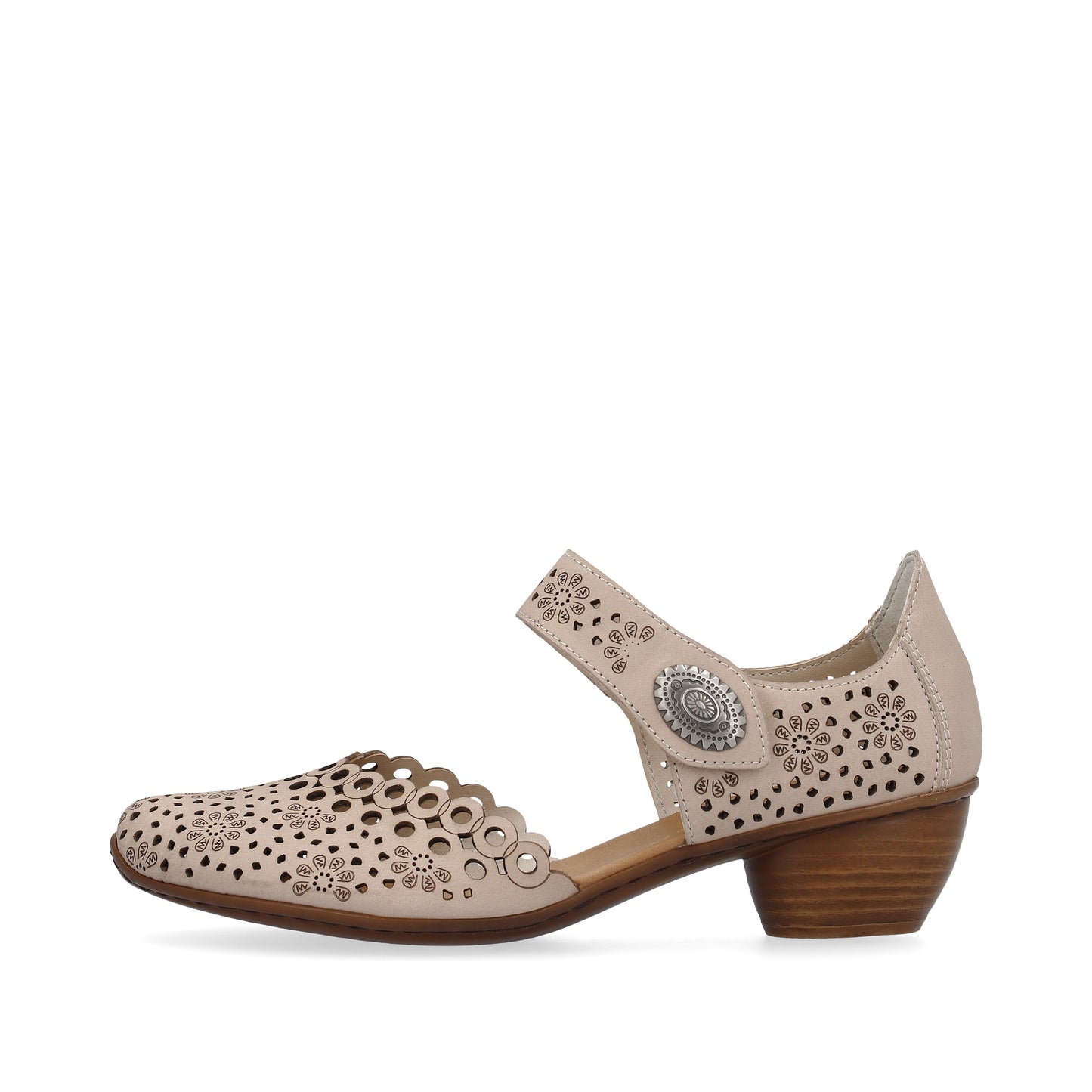 Beige, open-cut leather heeled Mary Jane with floral designs.