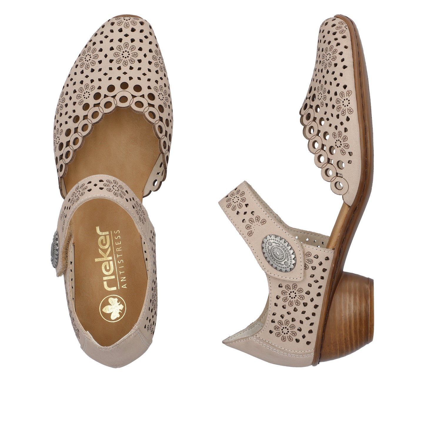 Pair of light-beige shoes with flower-patterned holes, open toe and heel, and a heel of medium height; one shoe displays the inner sole with the logo rieker ANTISTRESS.