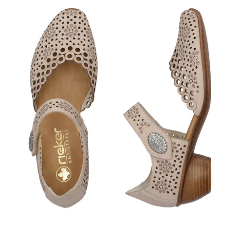 Pair of light-beige shoes with flower-patterned holes, open toe and heel, and a heel of medium height; one shoe displays the inner sole with the logo rieker ANTISTRESS.