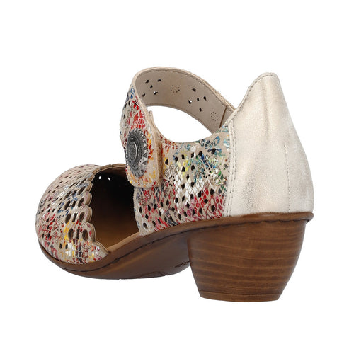 Patterned Mary Jane shoe with a beige heel and a decorative button closure.