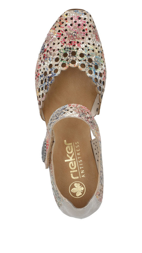 Floral patterned sandal with a closed toe and ankle strap.