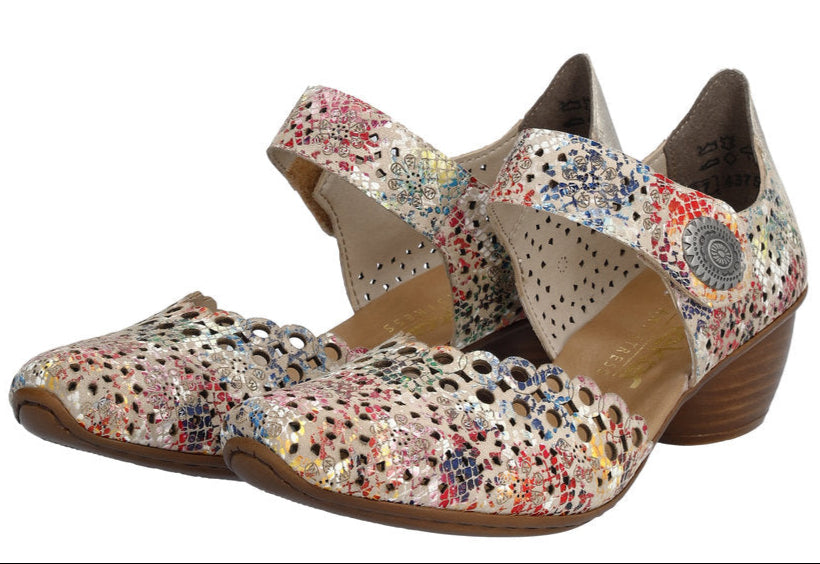 Printed floral leather pumps with scalloped edges and an ankle strap.