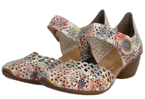 Printed floral leather pumps with scalloped edges and an ankle strap.